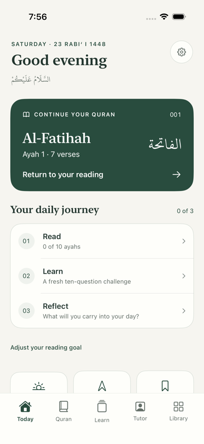 Tanzeel Today screen, showing Quran reading and daily practice tools